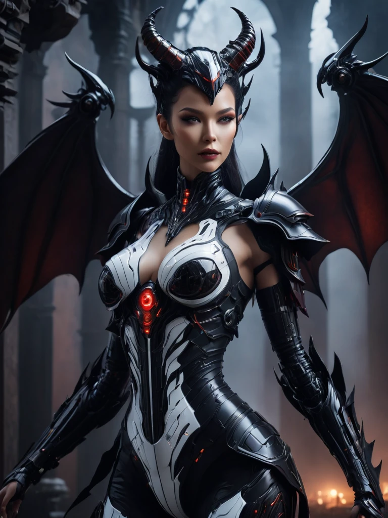 (((Superior Quality: 1.4))), (Illustration by Vadim Kashin), complex details, (unprecedented masterpiece), (ultra high definition), (CG 8k ultra-realistic), succubus cyborg, beautiful female cyborg character, highly detailed mechanical body, horror, highly detailed curved body, highly detailed gothic clothing, in the devil's palace, 8 life-size, a strange white light creates a gradient of shadows and adds depth to the images, (magical and mysterious background, glowing particles, ethereal fog, low darkness), realistic and superb cover photo in color, cinematic, (hyper detail: 1.2), perfect anatomy, cyborg style, (half-body image: 1.5), and now, for an even more immersive atmosphere, we're adding raindrops to complete this captivating visual experience.