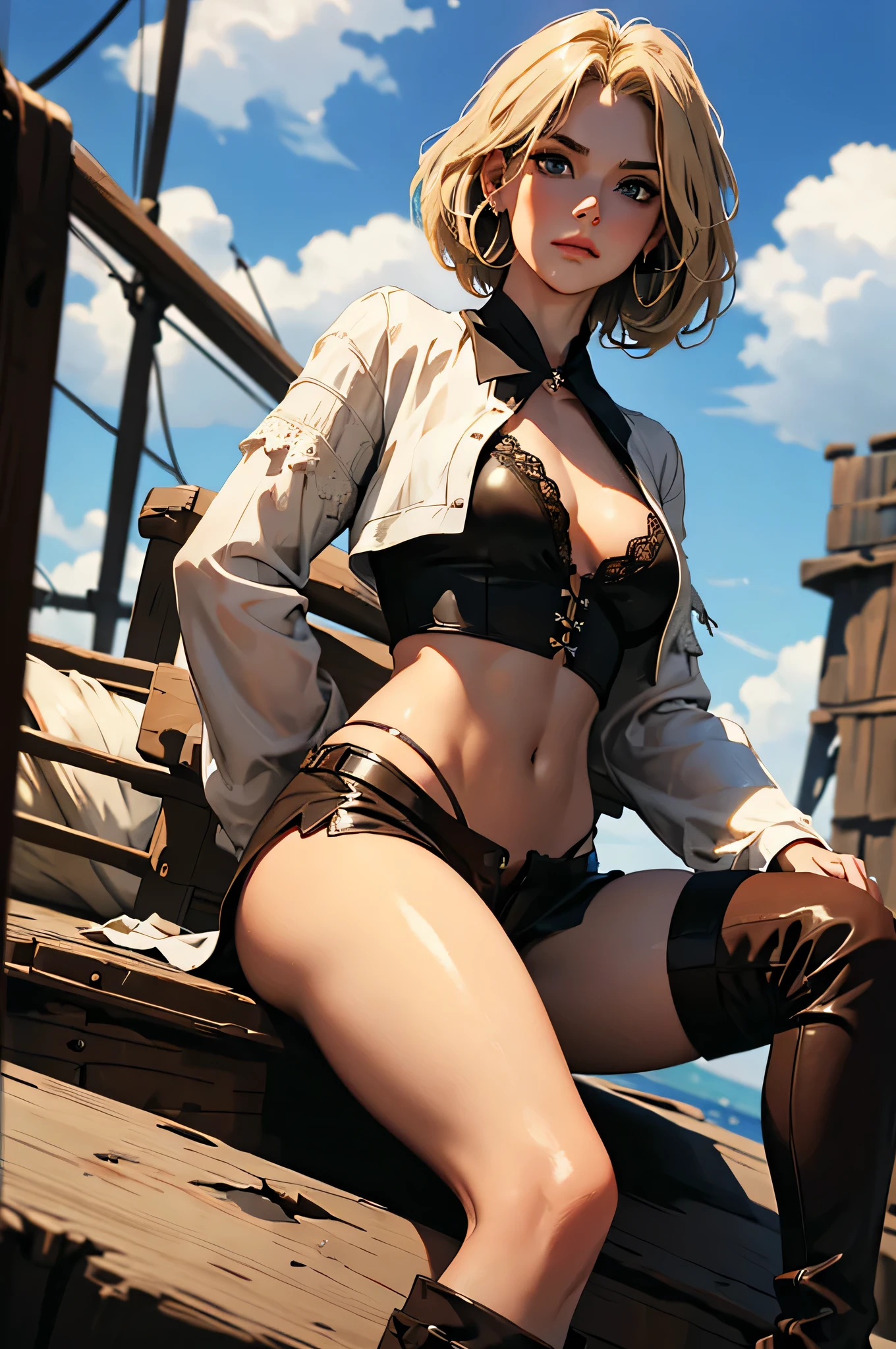 (masterpiece), best quality, expressive eyes, perfect face, (pirate ship background), (standing), (smirk), (closeup view), (1girl,skin,glossy skin, hourglass figure, thin body, skinny body, petite_body, medium breasts, thick thighs, long fingernails, hoop earrings, white front lace blouse, long sleeve, loose fit, black leather corset, brown leather shorts, brown boots, sheathed cutlass sword, flintlock pistol in holster, hoop earrings, miscellaneous jewelry) thong straps, (masterpiece), (high quality), (8k resolution), (RAW photo), (best quality), (masterpiece:1.5), (realistic:1.5), ((photo realistic)), vibrant details, hyper realistic,1girl, (cute:1.2), beautiful, high-quality and detailed face, perfect face, rosy cheeks, detailed eyes, colorful eyes,(watery eyes), slim body, looking at viewer, closed mouth, real human skin, shiny skin, large breasts, sitting, bed, loose lingerie, sexy pose, sexy, alluring, sexy posture, small hip, nsfw, (blonde hair, boho bob, long bob)
