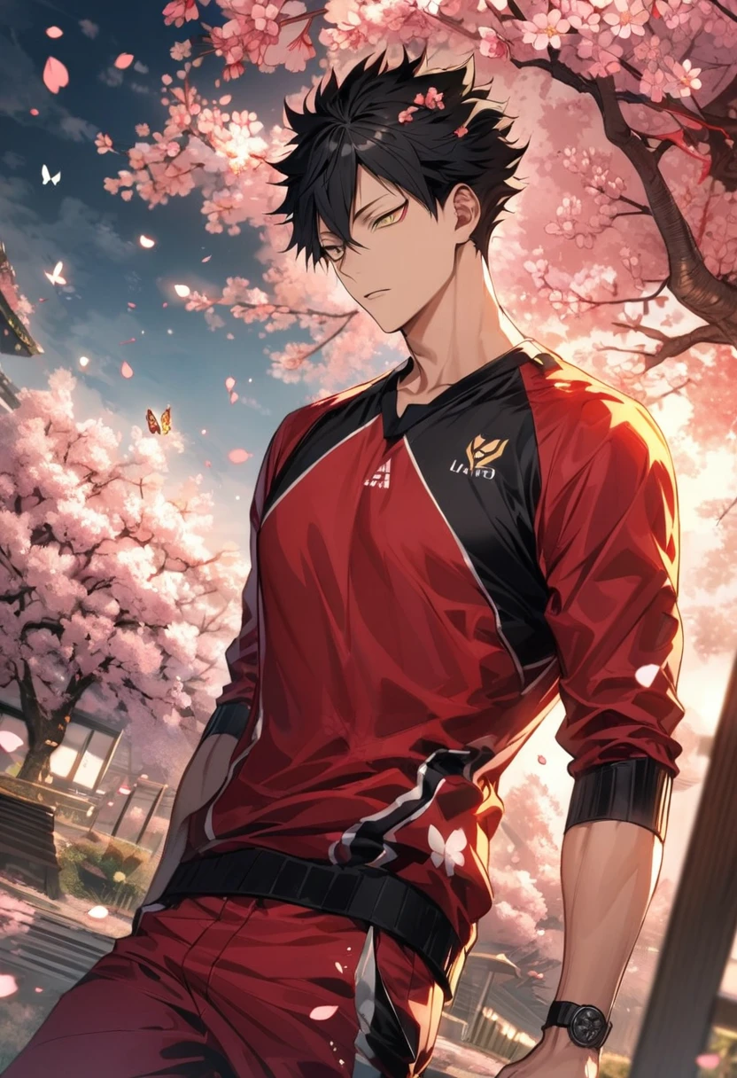 Ultra detailed, Highres, absurdres, HDR, Kuroo Tetsurou, black hair, hair between the eyes, expressive golden eyes, Haikyuu, red jacket with patters, cherry blossoms, petals, extremely handsome, sexy man, solo, very detailed eyes and face, spring, butterflies, blossoms, black tight T-shirt, red pants, toned chest,