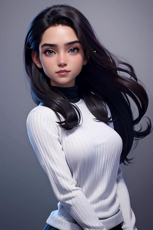 1 chica, Katara, solo, pelo largo, pelo despeinado, wet white sweater, sin sujetador, mirando al espectador, fondo azul, pelo negro, fondo sencillo, dos lados hacia arriba, turtleneck, blue eyes, labios, sonrisa seductora, ligeramente excitado sexualmente, voyeurism, Red ribbon, Cinta para el pelo, golpes, turtleneck sweater, parte superior del cuerpo, parted golpes, lazo negro, ribbed sweater, dos colas, nariz, piernas, NSFW, pose seductora