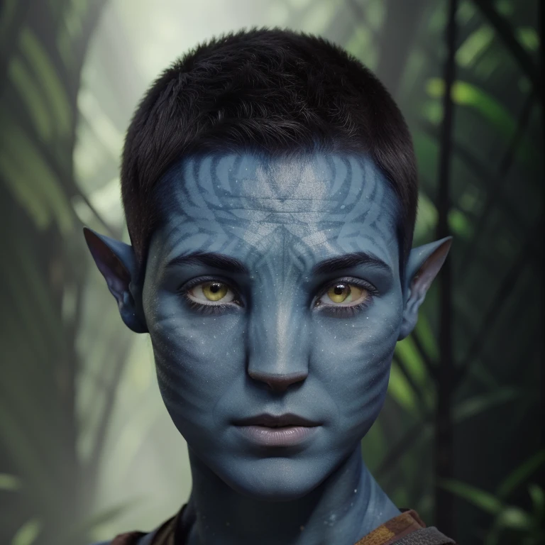 avatar style, portrait:1.6, 1girl, female, naavi, (blue skin tone:1.0), (buzzcut hair:1.0), pointy ears:1, buzzcut hairstyle, dark brown hair color, yellow eyes, 18 years old:1, face wrinkles, wearing tribal clothing, wearing a top:1, detailed eyes, toned body, muscled body, glowing, ethereal atmosphere, dreamy lighting, otherworldly beauty, (best quality, highres), ultrarealistic, skin details, striped skin, sfw, ultradetailed body, simple background:1, avtr:1.1