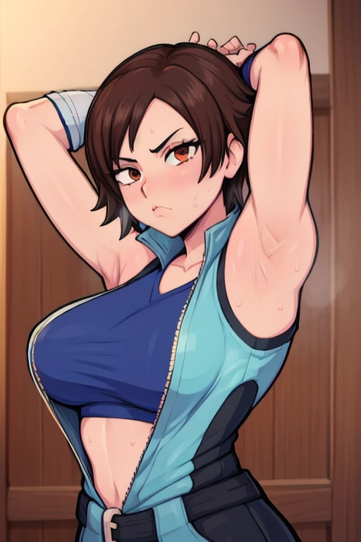 masterpiece, best quality, asuka kazama, looking at viewer, very large breasts, upper body, portrait, looking at viewer, put your hands behind your head, armpits, armpits visible, sweaty armpits,