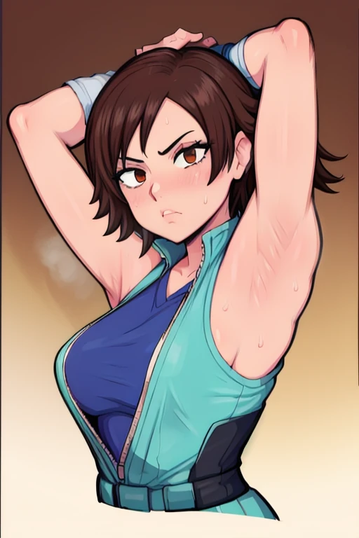 masterpiece, best quality, asuka kazama, looking at viewer, very large breasts, upper body, portrait, looking at viewer, put your hands behind your head, armpits, armpits visible, sweaty armpits,