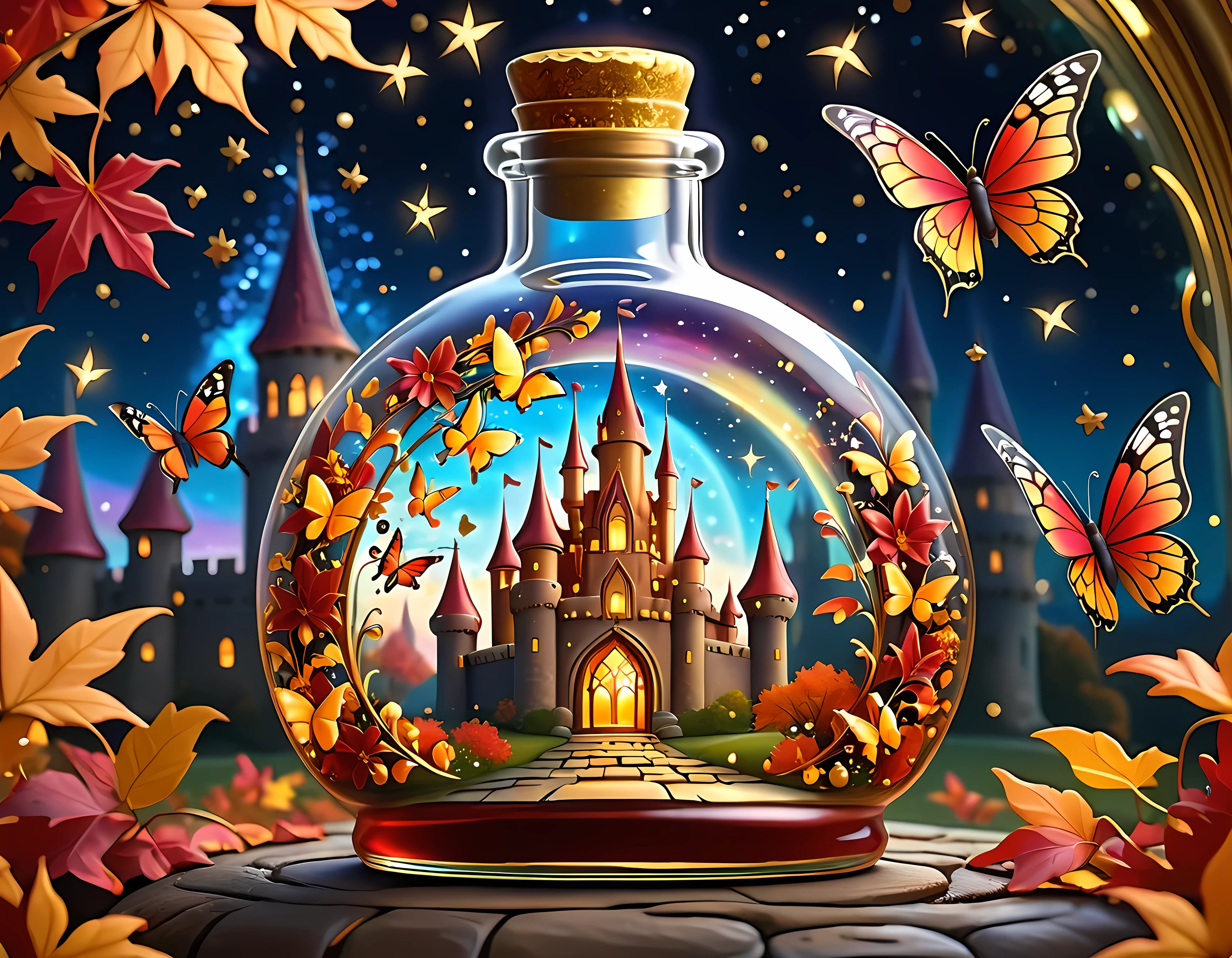 Bright cartoon, magic autumn vibrant castle delicately place inside a wide ornate glass bottle, surrounded by vast cosmos of twinkling stars and swirling galaxies, golden and crimson leaves inside the bottle, and stunning butterflies, masterpiece in maximum 16K resolution, superb quality