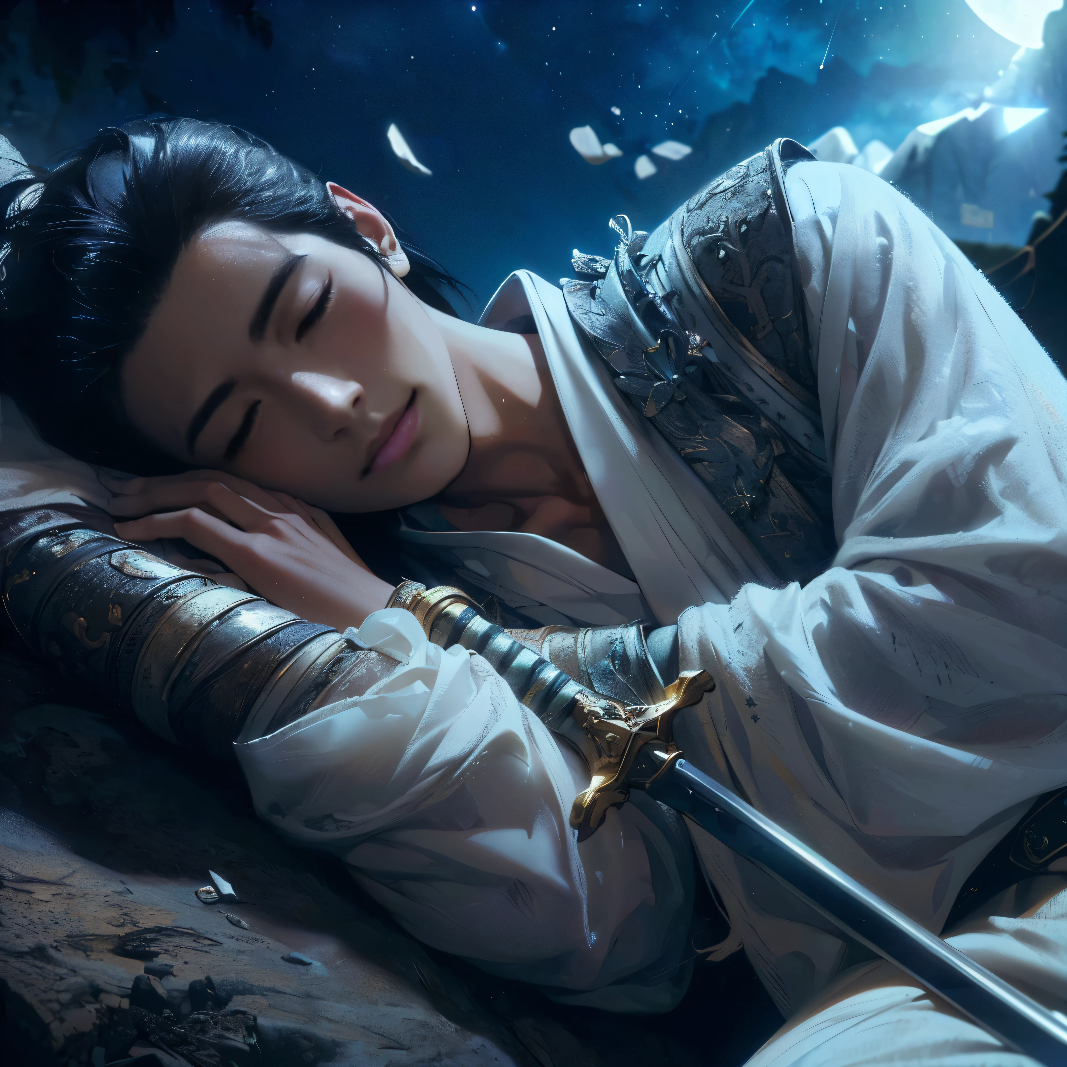 (Best Quality:1.2), (high resolution:1.2), (beautiful face and eye:1.5), (sharpest focus:1.2), (Ultra-realistic Photo:1.2), (Ultra-precise Photo:1.2), (Depth of field:1.2), (8k high resolution:1.2). (perfect :1.2), 
(nice hands:1.5), (perfect hands:1.5), (cynical smile:1.5), (A very young and beautiful Chinese man:1.0), (lying down quietly with closed sick eyes:1.8), (At the top of a steep rocky mountain:1.8), 
(Stars of Leo twinkling in the night sky:1.5), (Looking down angle:1.5), (holding a drawn sword:1.0), (Chinese warrior with very light armor and beat-up arms:1.0), (Pale complexion:1.5), 