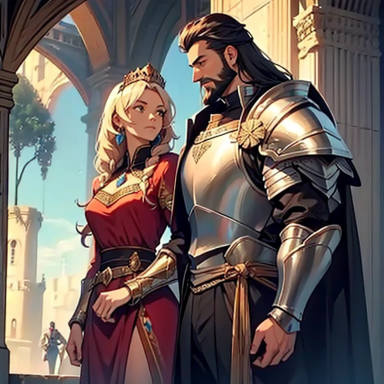 Woman and man, male king, female knight, beard, armor, fancy suit, crown,