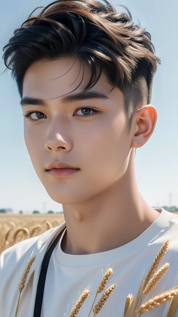 Best quality, masterpiece, super high resolution, (realistic: 1.4), original photo, wallpaper, head photo, skin, simple background, black eyes, detail, selfie, 1 boy, 18 years old, handsome, breeze, sunshine, headphones, wheat field