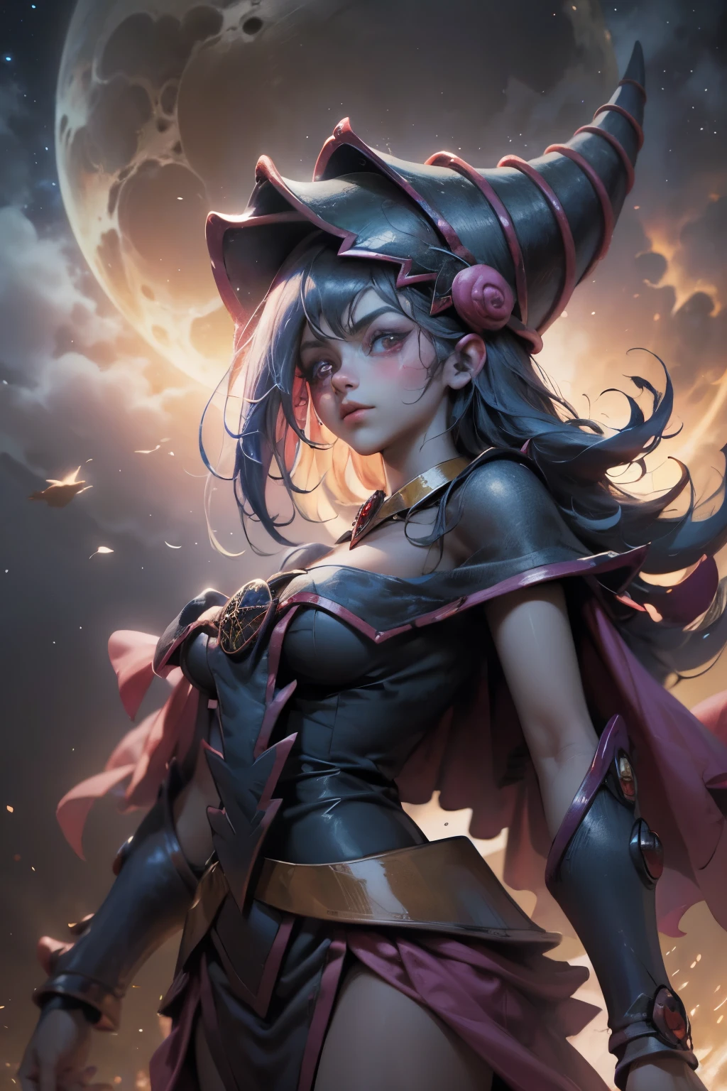 Giles magos oscuros. magos oscuros. ojos azules. cabello rubio. labios rojos. Detailed Features.., cosmic colors, ethereal lighting, Pintura surrealista, high resolution, otherworldly atmosphere, Seres celestiales. Hermosa diosa