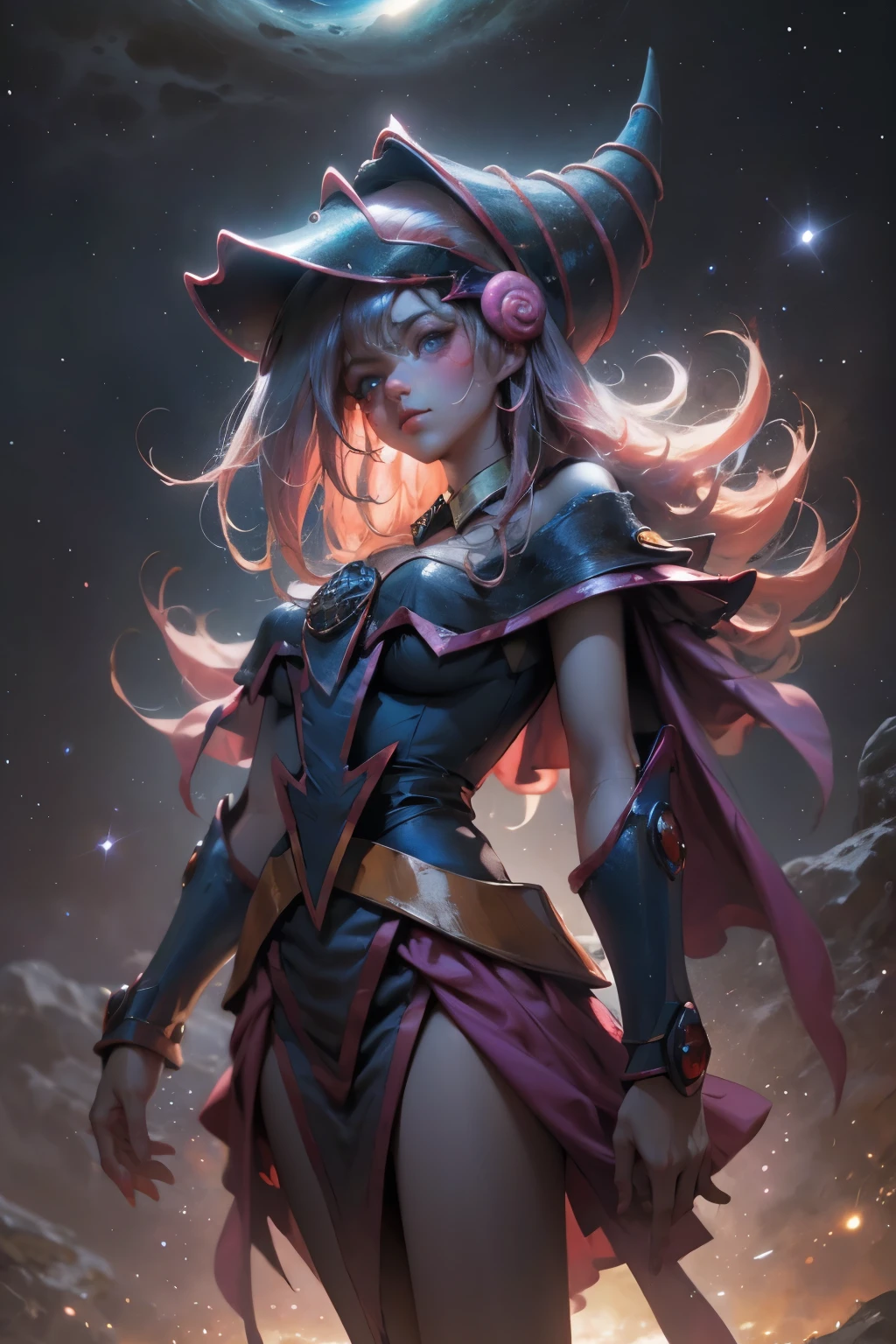 Giles magos oscuros. magos oscuros. ojos azules. cabello rubio. labios rojos. Detailed Features.., cosmic colors, ethereal lighting, Pintura surrealista, high resolution, otherworldly atmosphere, Seres celestiales. Hermosa diosa
