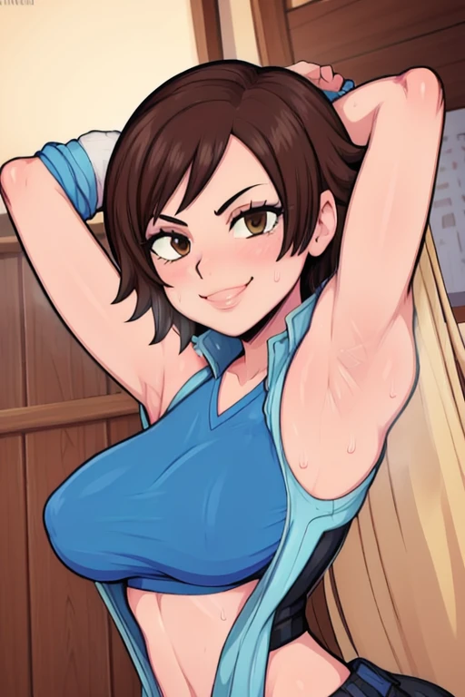 masterpiece, best quality, asuka kazama, looking at viewer, very ?????????????, upper body, portrait, looking at viewer, seductive smile,put your hands behind your head, armpits, armpits visible, sweaty armpits,