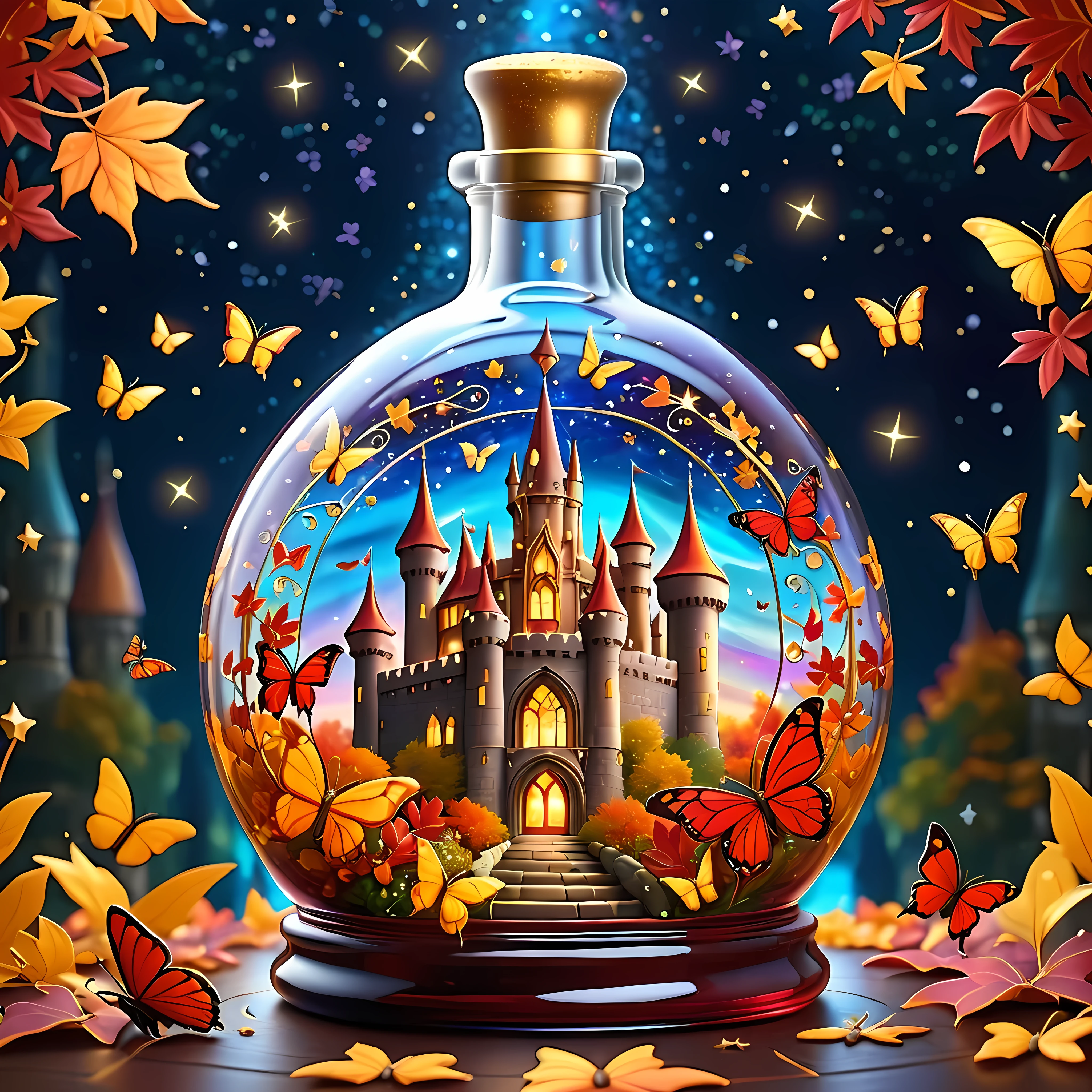 Bright cartoon, magic autumn vibrant castle delicately place inside a wide ornate glass bottle, surrounded by vast cosmos of twinkling stars and swirling galaxies, golden and crimson leaves inside the bottle, and stunning butterflies, masterpiece in maximum 16K resolution, superb quality