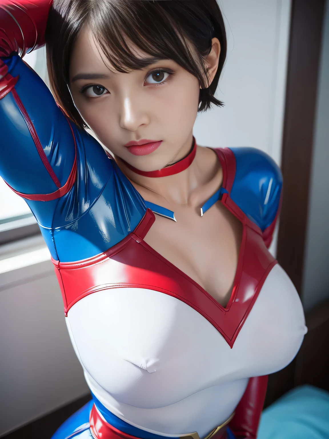 masterpiece、Enamel Supergirl Costume、Short Hair、Hospital operating table、Crisis situation、Big and ample breasts、looking at the camera、Shiny、Off the shoulder、choker、Long sleeve、Red exy poses to seduce、Sweaty、Model Body Type、Alluring、charm、Enchanting、Abused、test subject、victim、Wild、Photorealistic、latex、