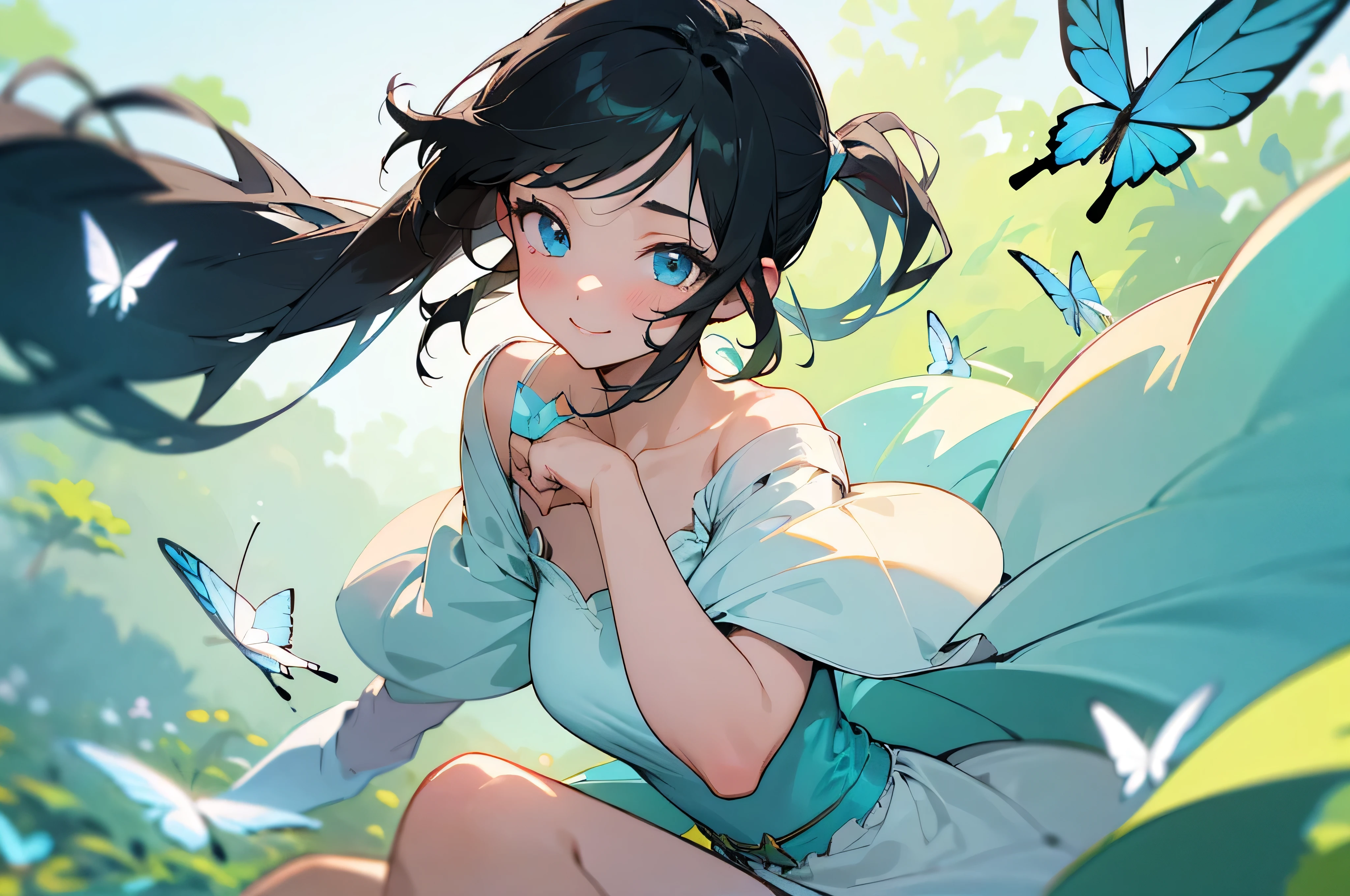 (best quality,highres:1.2),cute black-haired girl,beautifully tied into two low ponytails,extremely light blue eyes,adorable face,delicate features,girlish charm,youthful appearance,cheerful expression,garden background,lush greenery,floating butterflies,colorful flowers,happiness and joy,vivid colors,soft lighting