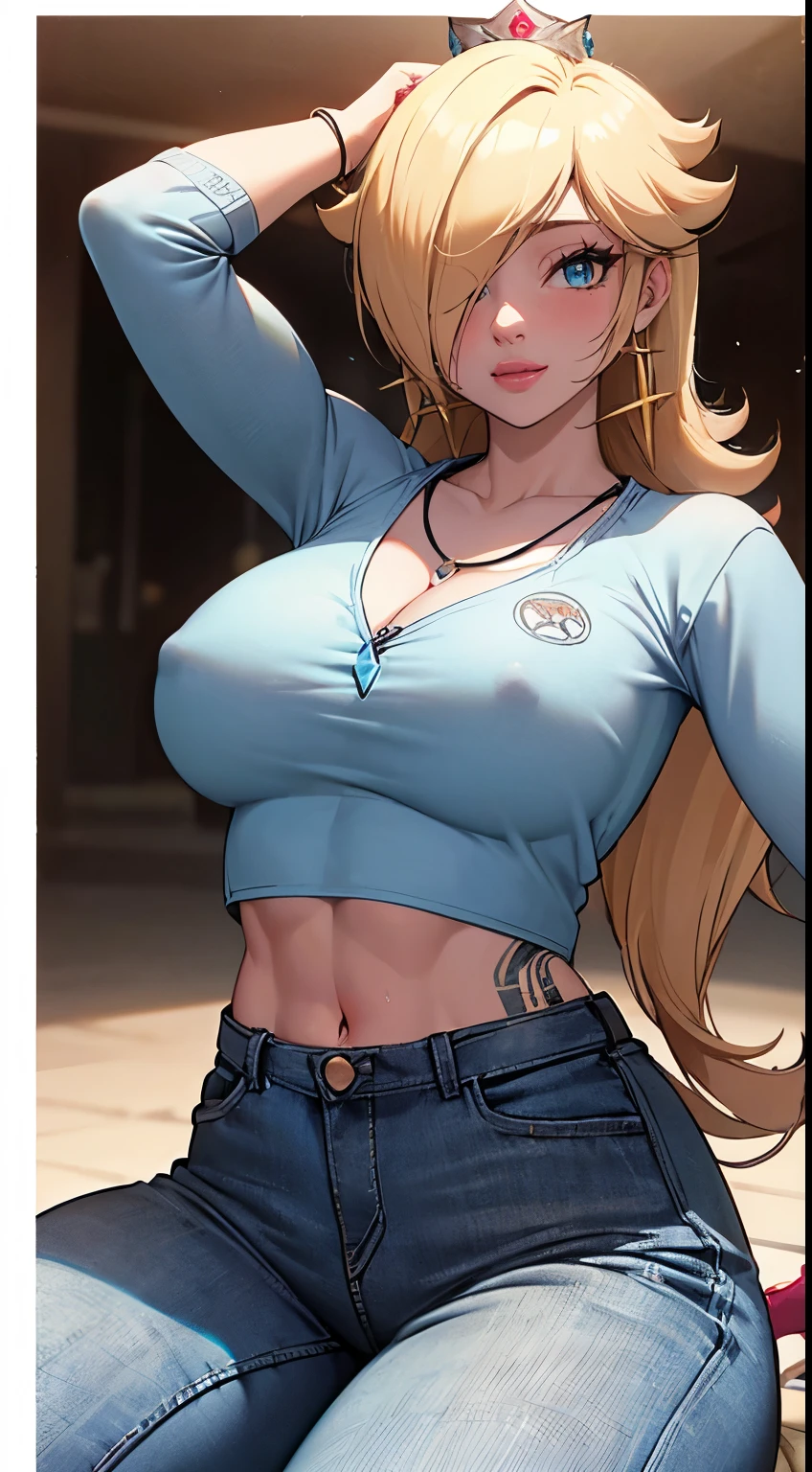25-year-old Caucasian woman、ash blonde、blue eyess、Semi-long、setting hair、I'm tying my hair、My hair is wavy、Slender but thin macho、accessories on the wrist、wearing a chain necklace、Beautiful breasts、a smile、I need space above my head、Wearing a high-leg loetard、Wearing heels, huge breasts, thick thighs, black lacy bra, shirt lift, lingerie, sultry, seductive, sexy, oily body, wide hips, abs, muscular female, nipples, wet body, transparent clothing, open legs, blue clothing, muscular arms, muscular legs, abs, massive breasts, big butt, thicc, tight clothing, shirt stretch, deep cleavage