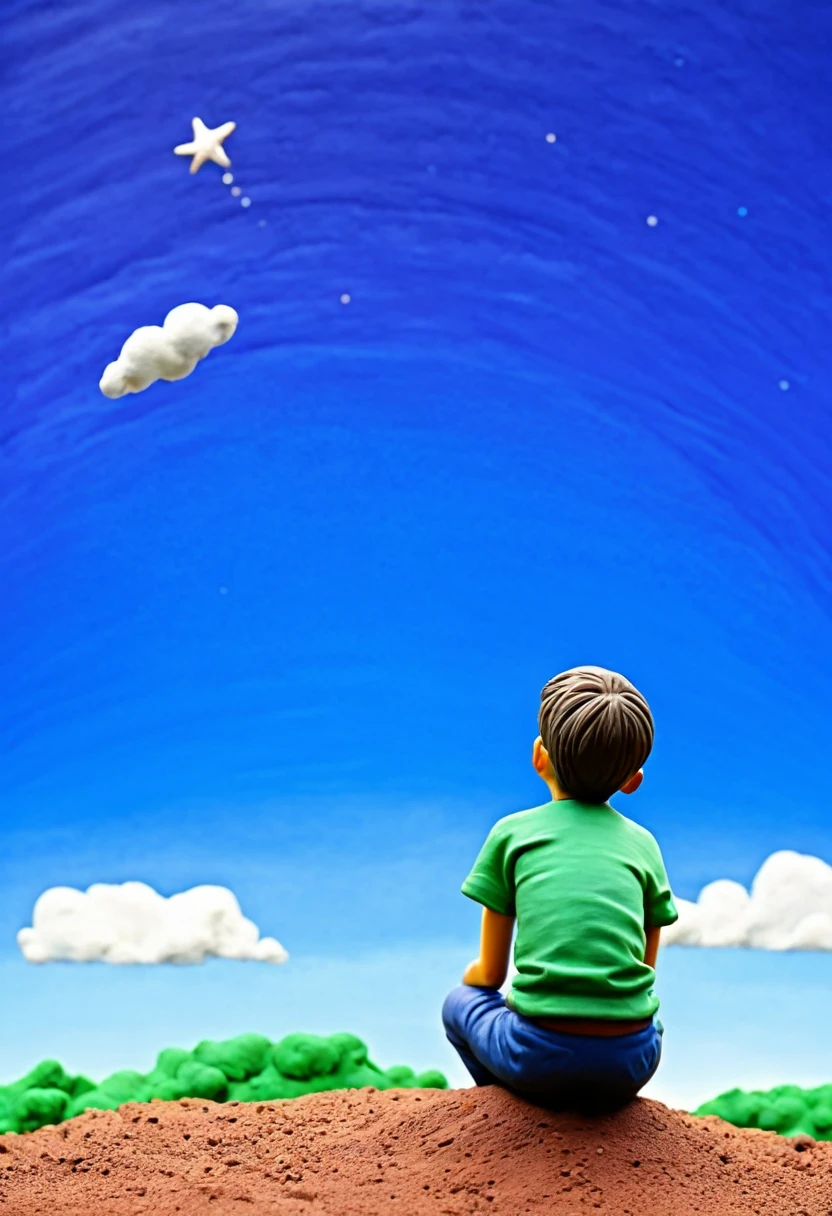Plasticine boy watching the sky