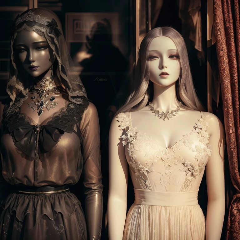 a close up of two mannequins in a store window, mannequins, creepy mannequin, mannequin, statue of a perfect woman, on a mannequin. High resolution, 不気味なmannequin. high quality, Gothic Antique Theme, Dystopian retro 1920s vibe, Inspired by Elsa Breda, fine art fashion magazine style, Art Nouveau octane rendering