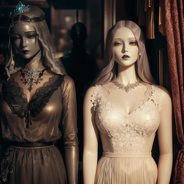 a close up of two mannequins in a store window, mannequins, creepy mannequin, mannequin, statue of a perfect woman, on a mannequin. High resolution, 不気味なmannequin. high quality, Gothic Antique Theme, Dystopian retro 1920s vibe, Inspired by Elsa Breda, fine art fashion magazine style, Art Nouveau octane rendering