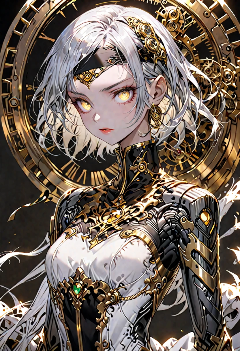 automaton of exceptional quality and design, built of polished steel and brass, intricate refined gold accents, 180 cm, slender and agile frame, built for both strength and elegance, human-like face, expressive eyebrows, deep-set glowing gemstone eyes, thin delicate lips capable of forming any expression imaginable, silver hair held in place by a simple yet elegant headband, solo, female, clockwork, robot, steel and brass arms, steel and brass body