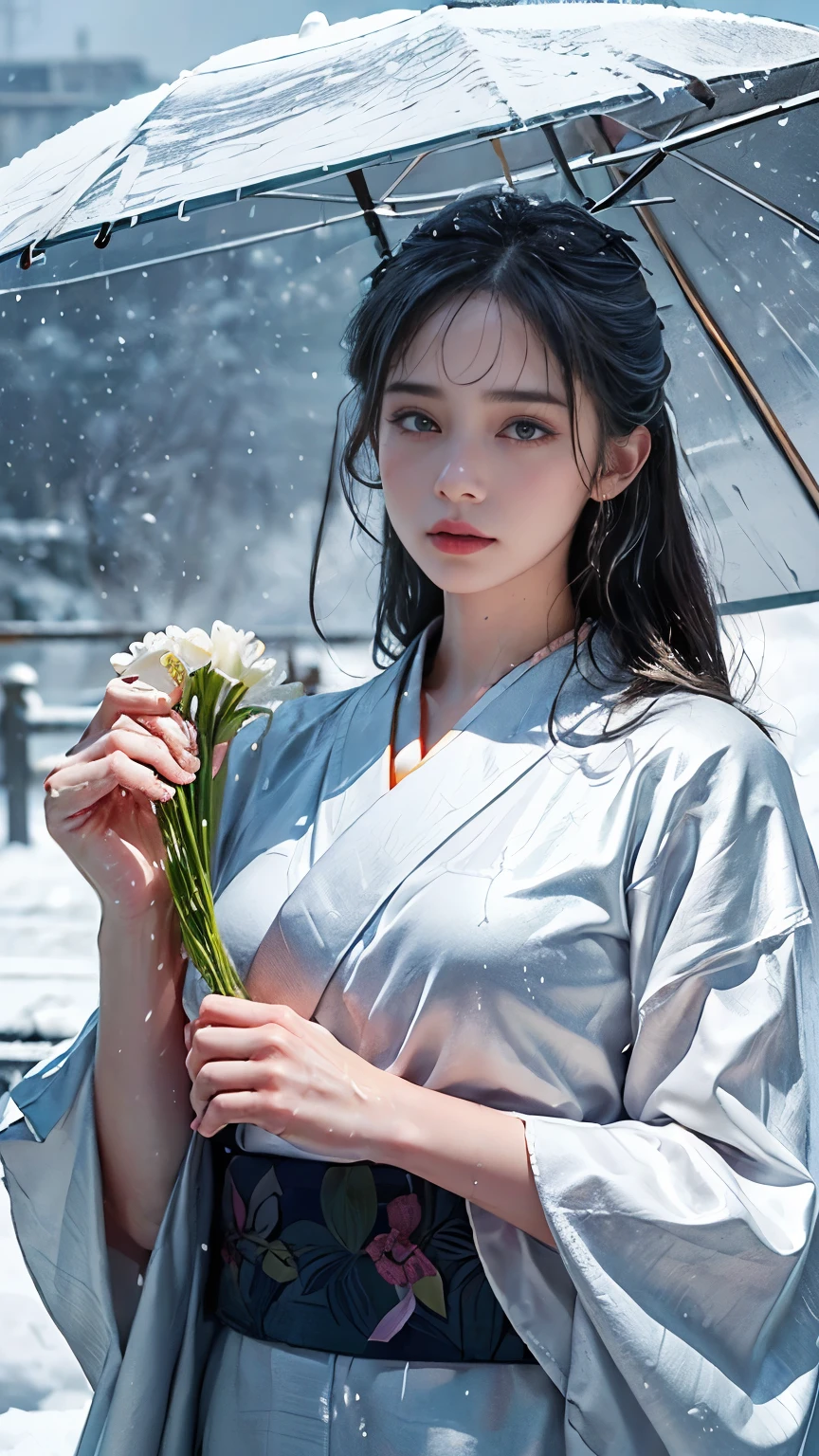 (RAW shooting, Photorealistic:1.5, 8k, highest quality, masterpiece, Ultra-high resolution), ((((heavy snow, Blizzard)))), Highly detailed skin and facial textures:1.3, Perfect dynamic composition:1.2, (Shrine at night in a modern city, Expressions of sadness:0.9, Tears flow:0.9, Crying with a broken heart:0.9), Slim office lady wet with rain:1.3, Cowboy Shot, Fair skin:1.2, Sexy beauty:1.1, Perfect Style:1.2, beautifully、aesthetic:1.1, Very beautiful face:1.2, Water droplets on the skin, (Rain dripping down on my body:1.2, Wet body:1.2, Wet Hair:1.3), (Professional kimono dressing:1.1, Holding a bouquet of wet lilies:1.2, The correct way to wear a wet silver kimono:1.3), (Medium Chest, Bra is sheer, Chest gap), (Beautiful erotic eyes:0.9, Too erotic:0.9, Fascinating:0.9), necklace, Earrings, bracelet, wedding ring, Highly detailed hands and fingers