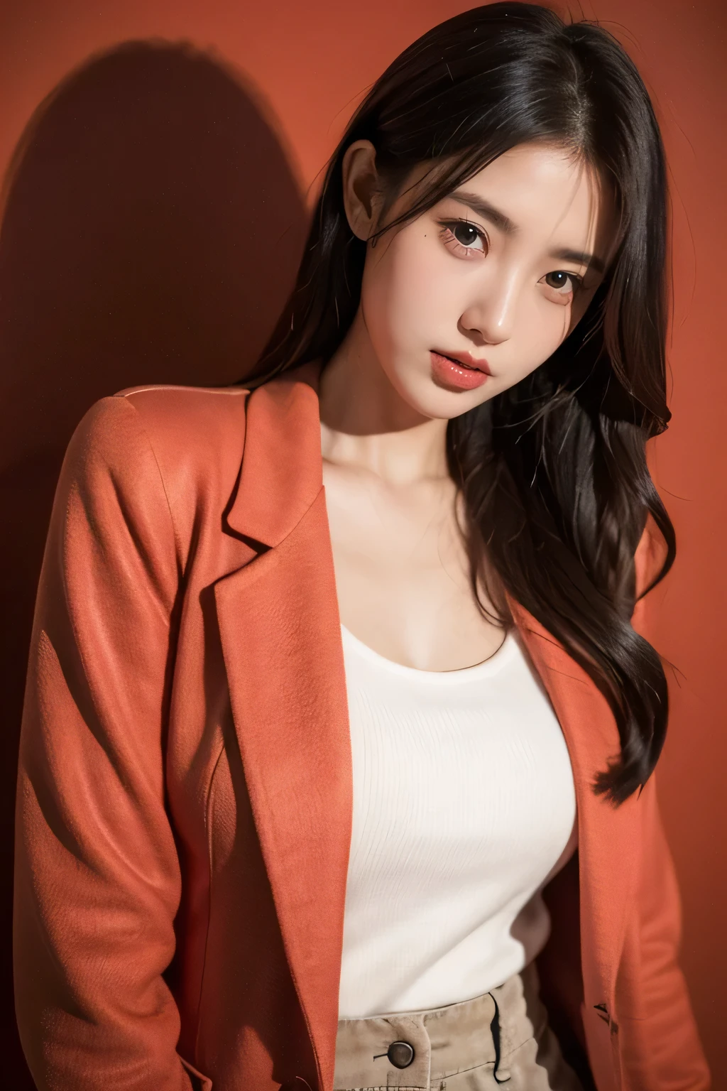 21-year-old girl, black flowing hair, standing confidently in front of a vibrant red background. She is wearing a stylish coat that accentuates her youthful charm. Her beautiful detailed eyes playfully tease, capturing a sense of mischief and allure. The image is of the best quality, with ultra-detailed features that bring out the realistic and photorealistic aspects of the artwork. The lighting is carefully crafted, highlighting her delicate features and casting soft shadows. The overall color palette is vivid and striking, enhancing the visual impact of the scene.
