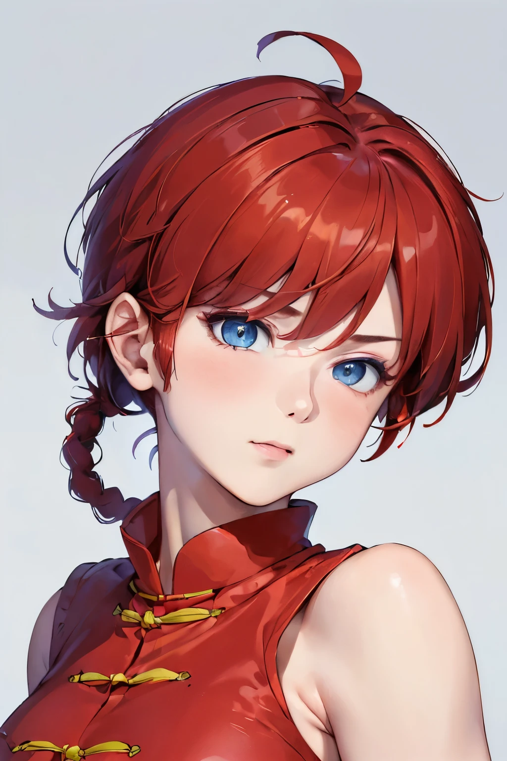 ((masterpiece:1.4)), high quality, very_high_resolution, large_filesize, full color, heavy outline, clear outline, colorful, (beautiful detailed eyes), ((beautiful face:1.0)), ((boyish face:1.4)), 1 girl, (femaleranma), (red hair), short hair, (braided ponytail), ((bangs)), bumpy bangs, blue-gray eyes, big breasts, curvy, femaleranma, braided ponytail, (red chinese clothes), sleeveless, tangzhuang, black pants, cameltoe, standing, upper body, ((from front:1.4)), ((portrait:1.8)), ((face focus:1.4)), (frightened),