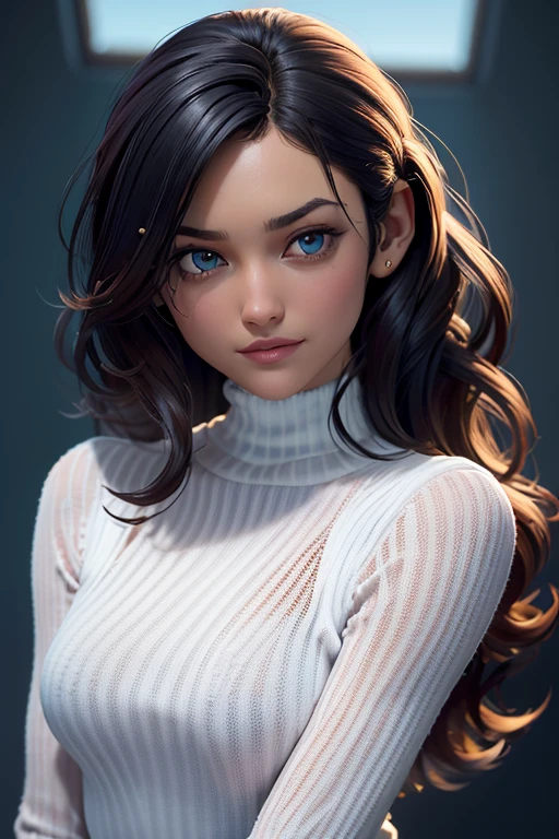 1 chica, Katara, solo, pelo largo, pelo despeinado, wet white sweater, sin sujetador, mirando al espectador, fondo azul, pelo negro, fondo sencillo, dos lados hacia arriba, turtleneck, blue eyes, labios, sonrisa seductora, ligeramente excitado sexualmente, voyeurism, Red ribbon, Cinta para el pelo, golpes, turtleneck sweater, parte superior del cuerpo, parted golpes, lazo negro, ribbed sweater, dos colas, nariz, piernas, NSFW, pose seductora