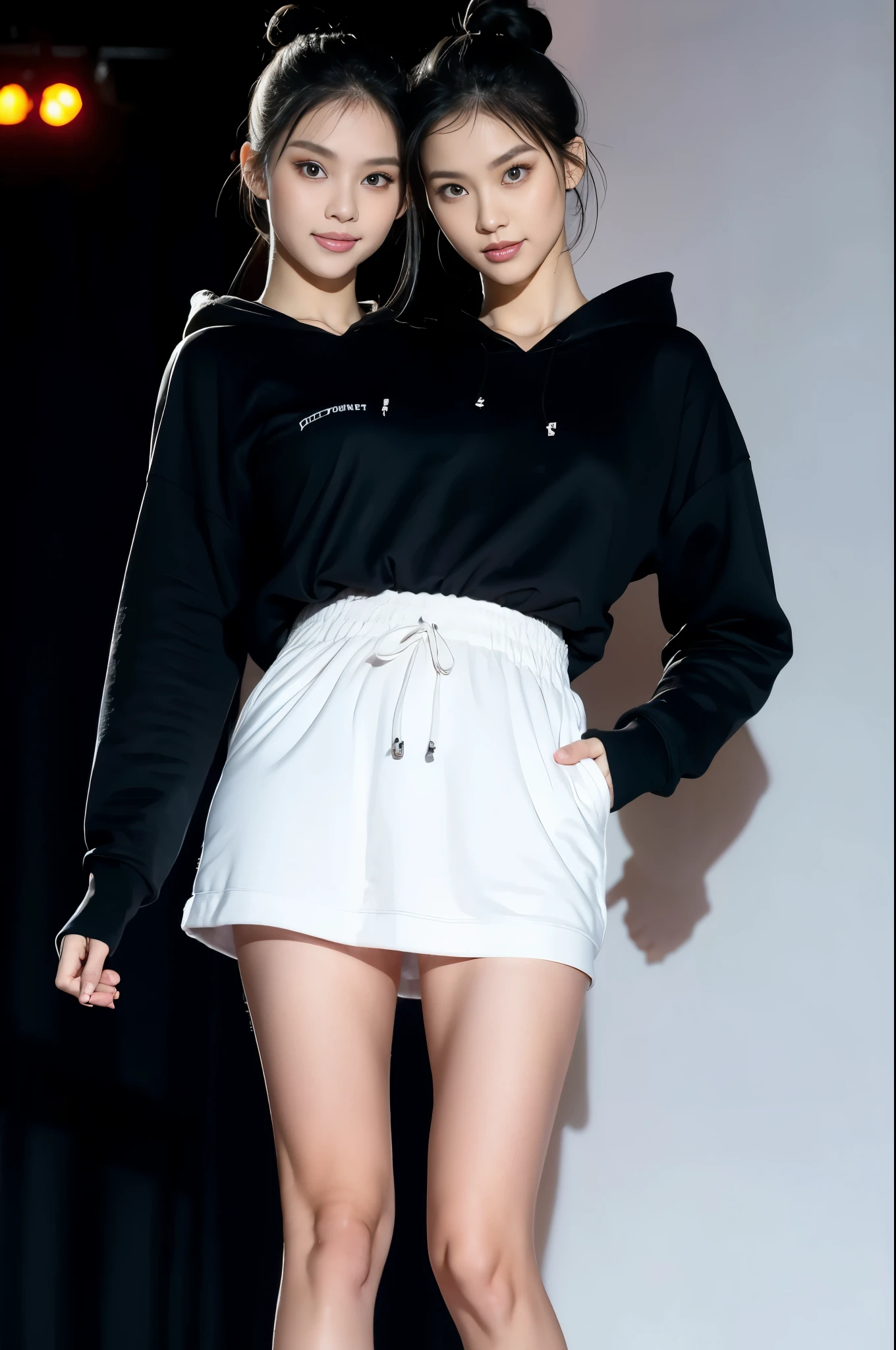 best resolution, 2heads,  half-body shot, korean woman with two heads , white hair, black hair,  hairbun and ponytail,  different faces,  hoodie, stage background