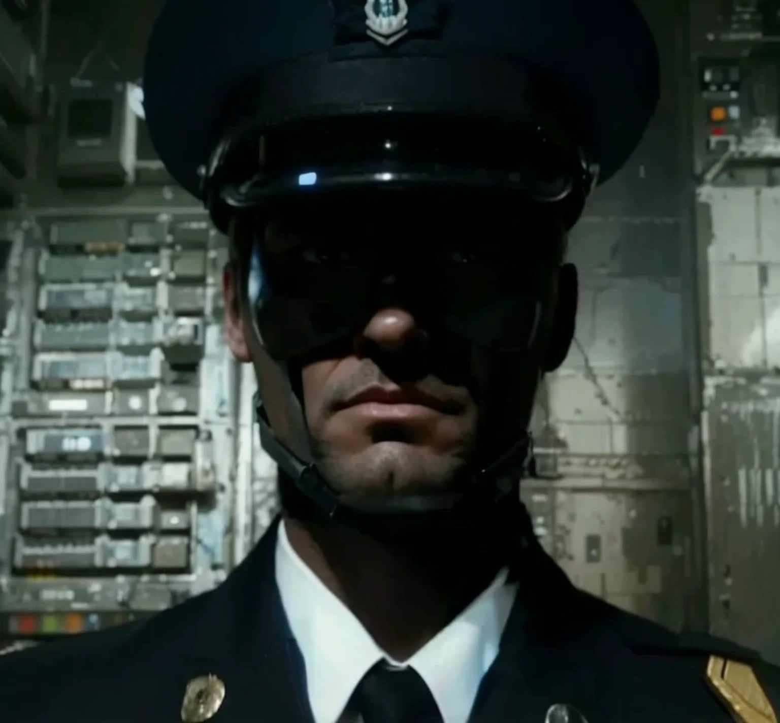 military robot man, robotic Arnold Schwartzenegger terminator face, serious expression, his face is covered by black shadow, his eyes are bright white, robotic eyes, he wears dark blue air force officer uniform, officer's hat, medals on his uniform, he is in a full bunker of light blue computer screens, cables and servers with light blue lights, Ultra detailed, hyper realistic, 4k, Ultra detailed image, realistic, Highly detailed, perfect composition, Splendid, Intricately detailed, Incredibly detailed, 8K fine art photography, hyper detailed, Masterpiece, Ultra detailed, hyper realistic, 4k, Ultra image detailed, realistic, highly detailed, perfect composition, gorgeous, intricately detailed, incredibly detailed, 8K fine art photography, hyper-detailed, masterpiece