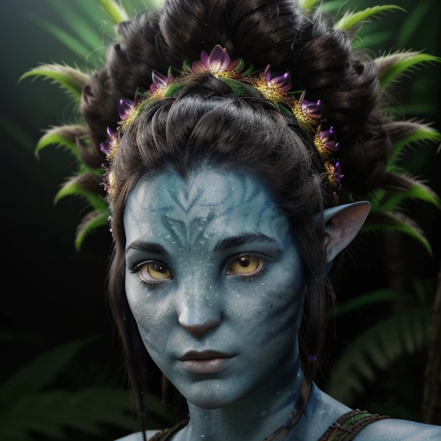avatar style, portrait:1.6, 1girl, female, naavi, (blue skin tone:1.0), (bun hairstyle:1.0), pointy ears:1, long hair tied up in a bun hairstyle, dark brown hair color, yellow eyes, 18 years old:1, face wrinkles, wearing tribal clothing, wearing a top:1, detailed eyes, toned body, muscled body, glowing, ethereal atmosphere, dreamy lighting, otherworldly beauty, (best quality, highres), ultrarealistic, skin details, striped skin, sfw, ultradetailed body, forest background:1, avtr:1