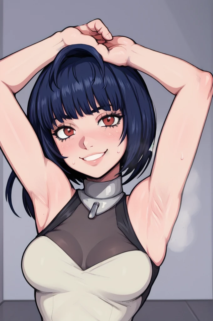 masterpiece, best quality, tae takemi, looking at viewer, very large breasts, upper body, portrait, looking at viewer, seductive smile,put your hands behind your head, armpits, armpits visible, sweaty armpits,