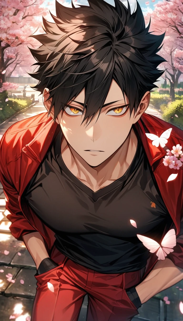 Ultra detailed, Highres, absurdres, HDR, Kuroo Tetsurou, black hair, hair between the eyes, expressive golden eyes, Haikyuu, red jacket with patters, cherry blossoms, petals, extremely handsome, sexy man, solo, very detailed eyes and face, spring, butterflies, blossoms, black tight T-shirt, red pants, toned chest,