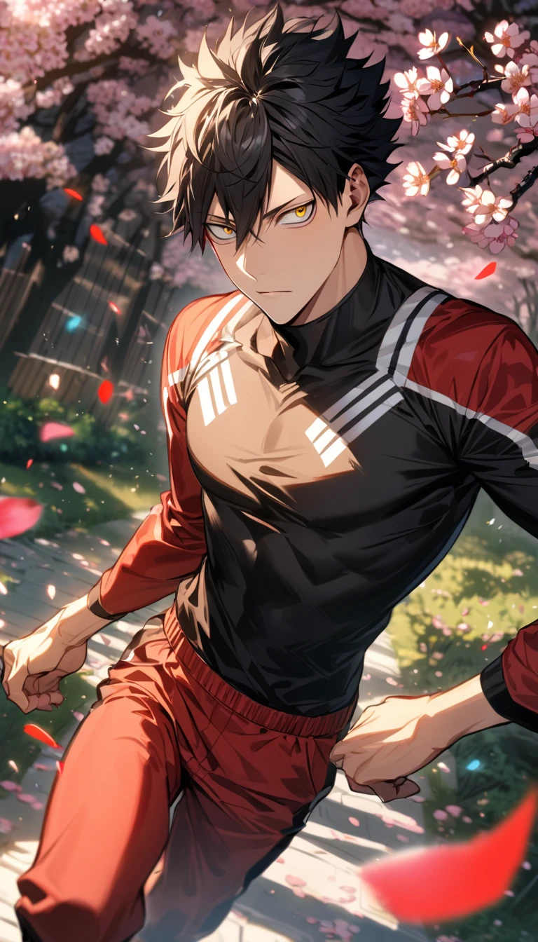 Ultra detailed, Highres, absurdres, HDR, Kuroo Tetsurou, black hair, hair between the eyes, expressive golden eyes, Haikyuu, red jacket with patters, cherry blossoms, petals, extremely handsome, sexy man, solo, very detailed eyes and face, spring, butterflies, blossoms, black tight T-shirt, red pants, toned chest,