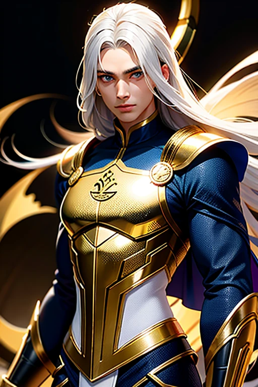 Homem com cabelo curto e cacheado, Pele branca, olhos cinzentos, Defined and athletic body, white sci-fi fantasy clothes with gold details, Esperar ansiosamente, confiante,