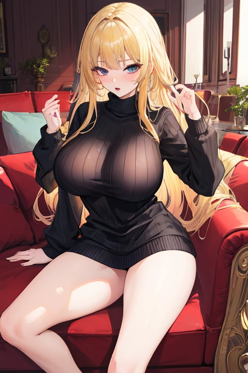 masterpiece,8k,A woman with big ,Gorgeous woman,ahegao,((Exposed)),Expose,Transparent chest,Open chest sweater,Long blond hair,Exquisite,Smooth legs,living room,Sitting on the sofa,Legs on the armrest of the sofa,Legs open,