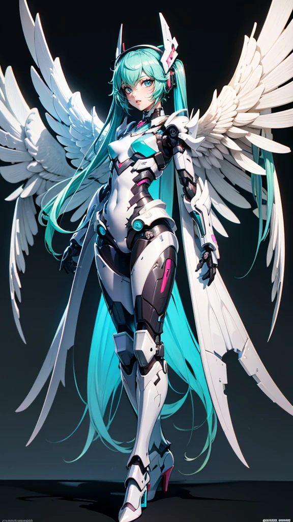 hatunemiku VOCALOID, twintail, turquoise hair, mecha, 1girl, cyberpunk, realistic, mechanical parts, {{{{Angel wings}}}}, robot joints, headgear, full armor, high heels, armor color{{{{white}}}}, beautiful art, 8k cg wallpaper,