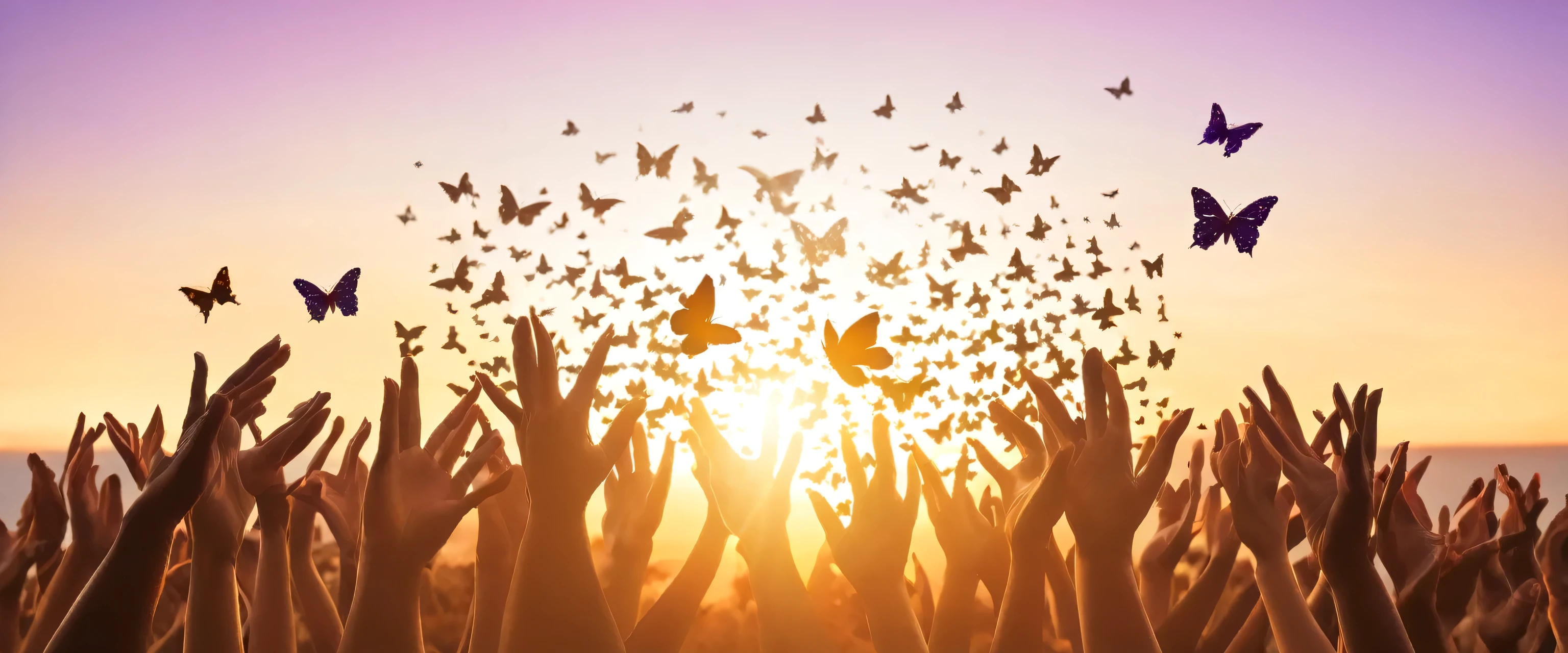 Generative AI picture Hope freedom concept human hands releasing group of butterflies over sunset