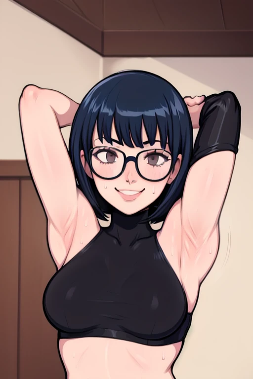 masterpiece, best quality, tae takemi, looking at viewer, very large breasts, upper body, portrait, looking at viewer, seductive smile,put your hands behind your head, armpits, armpits visible, sweaty armpits, wearing glasses