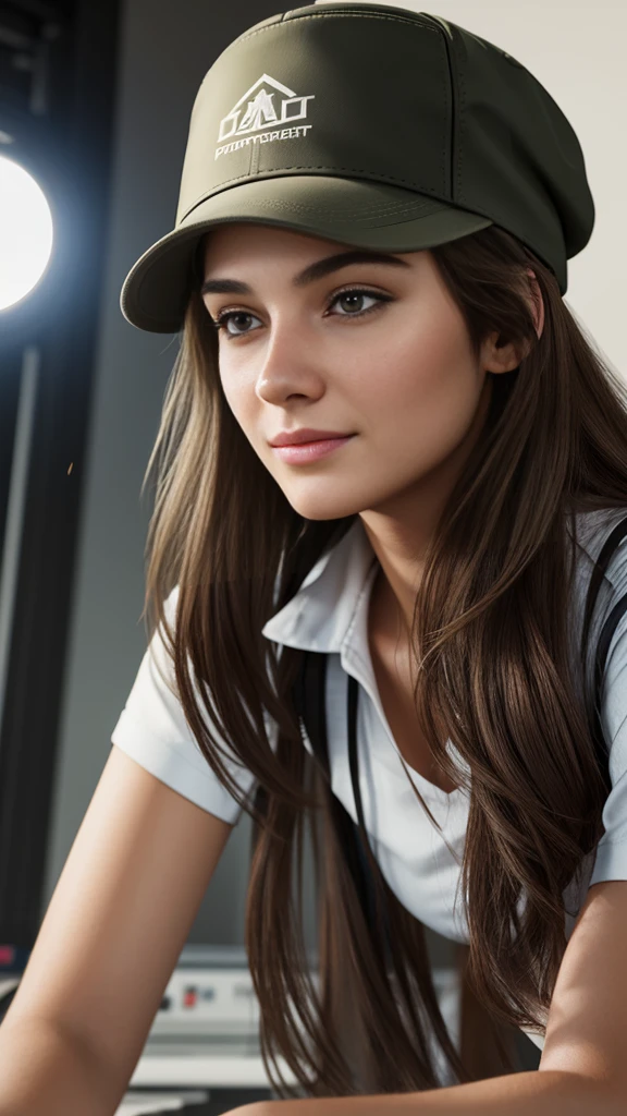 20yo girl engineer wearing a hat working in a company masterpiece, (photorealistic:1.4), best quality,