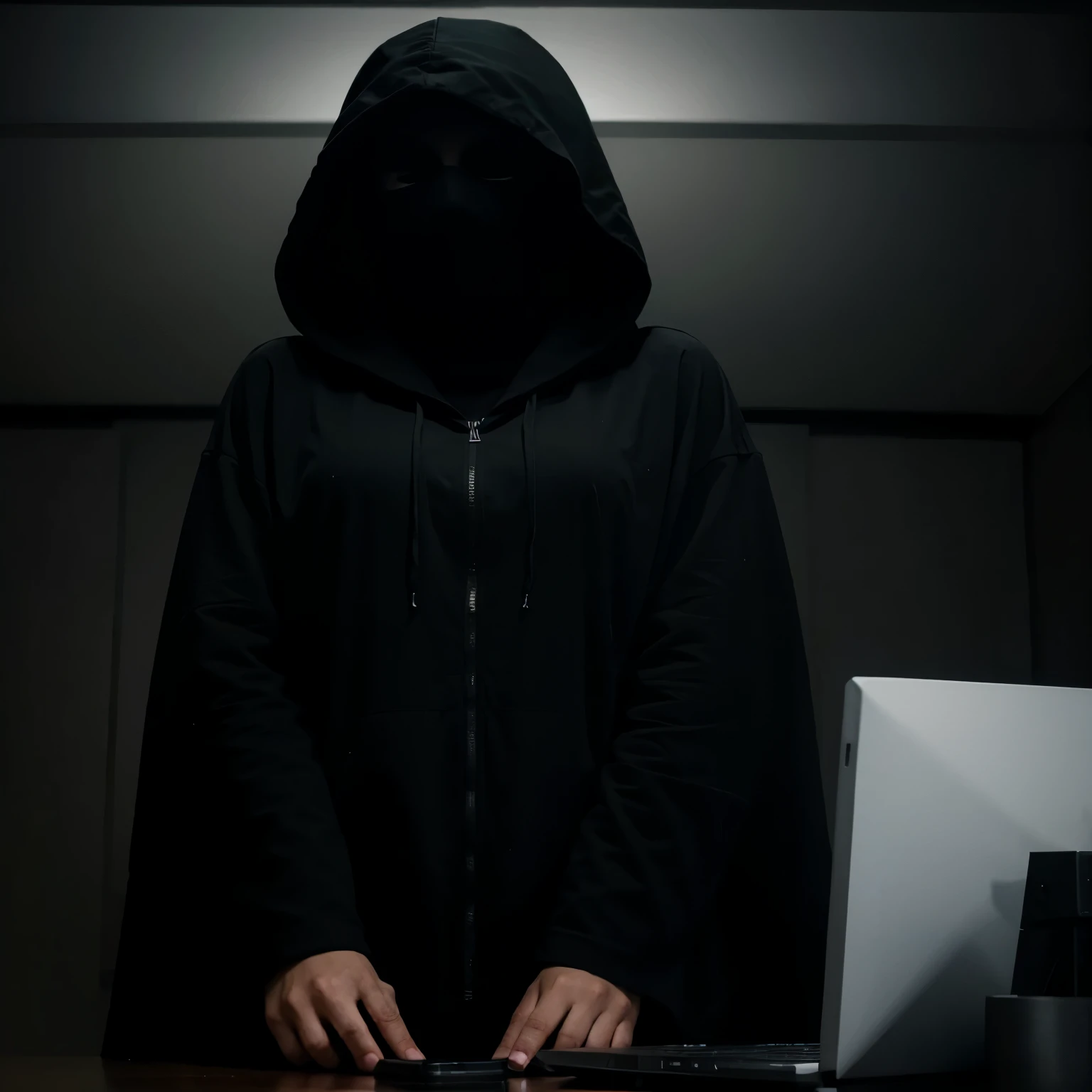 An anonymous woman in an all black hooded robe sitting in a dark room on a computer 