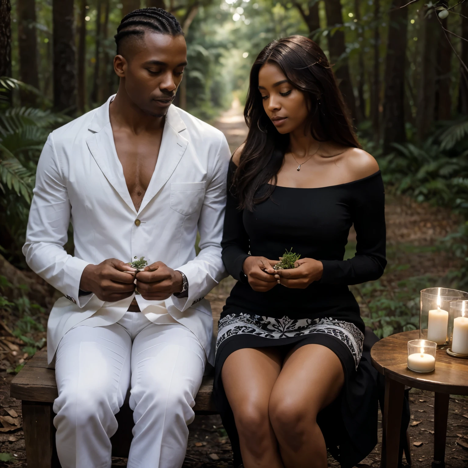 Black gentleman and lady wearing white holding herbs in hand, candles and coffee nearby, cabelos grisalhos, are sitting in the forest