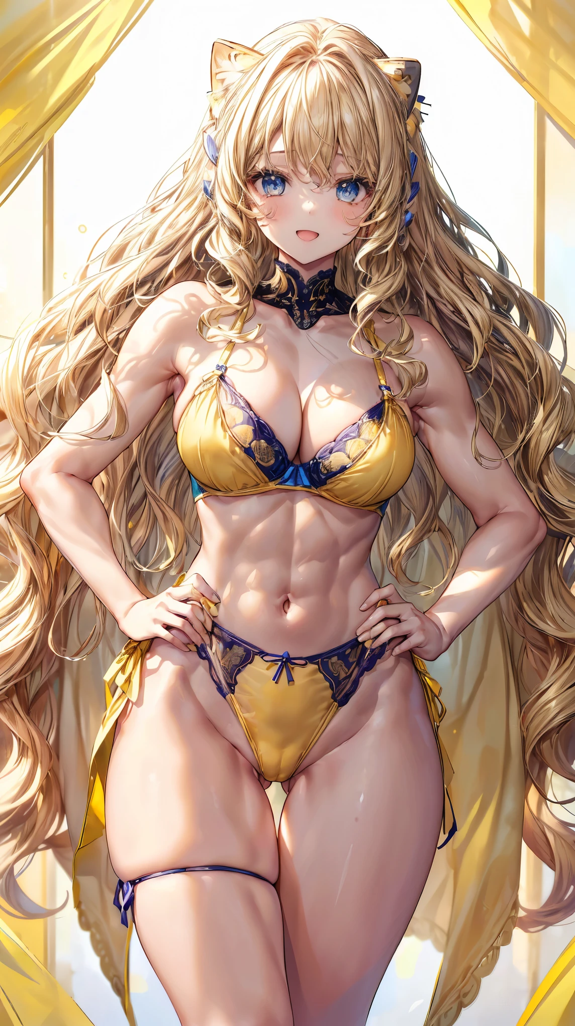 (Adult women:1.5)、Very detailed、highest quality、Best image quality、masterpiece、8k、Anime Face、A kind smile、(Open your mouth:1.3)、Sparkling blue eyes、(Blonde Wavy Hair:1.5)、、Muscles of the whole body、(High leg:1.5)、Thigh belt、(Wearing yellow lingerie:1.5)、(Cowboy Shot:1.5)、SFW Giant、(Put your hands on your hips)