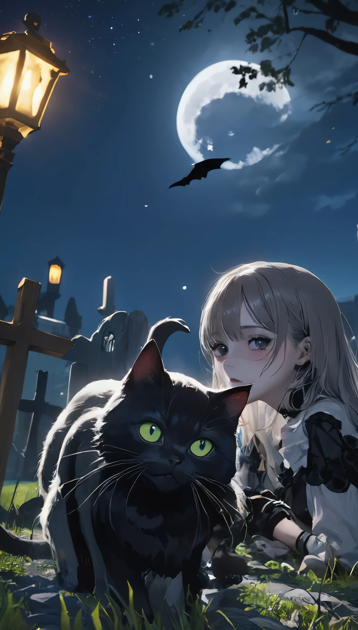 (highest quality,4K,8k,High resolution,masterpiece:1.2)、pretty girl、💀、Cute face、Horror、skull、Midnight Cemetery、Black cat、歩くBlack cat、視聴者を見るBlack cat、🐱、Midnight Moonlight、Dim cemetery