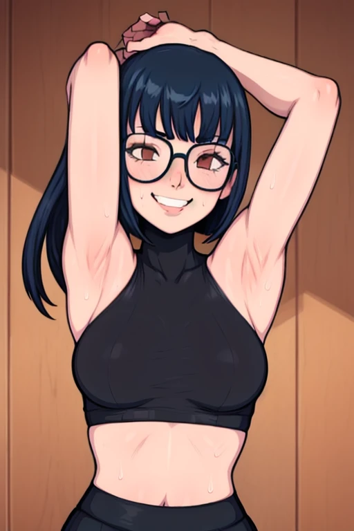 masterpiece, best quality, tae takemi, looking at viewer, very large breasts, upper body, portrait, looking at viewer, seductive smile,put your hands behind your head, armpits, armpits visible, sweaty armpits, wearing glasses, orange long hair