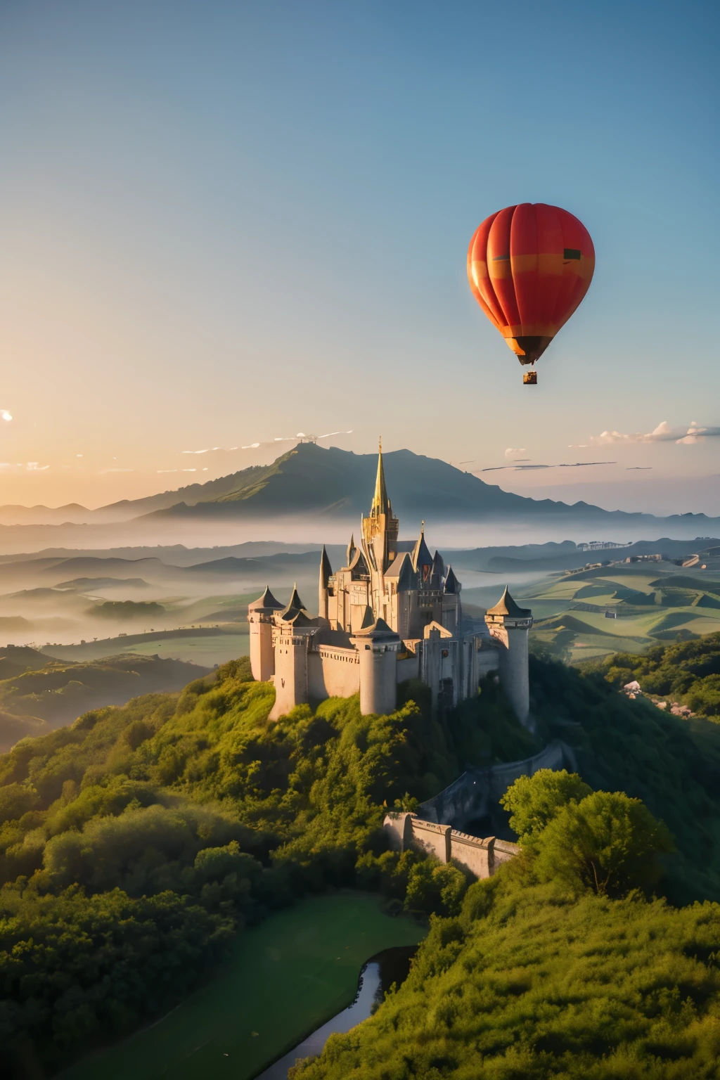 An enchanting castle floating in the clouds，High above, overlooking a green valley。The castle is built of gleaming white marble，Golden decoration catches the sunlight，Make it sparkle against the clear blue sky。The scene is full of adventure and fantasy，Colorful hot air balloons float nearby，Adds a whimsical vibe。The landscape below is a field、River and forest mosaic，A striking contrast to the ethereal castle above。The atmosphere is uplifting and joyful，The light of dawn casts a soft golden hue on everything。Photo taken from a bird&#39;s eye view，Use a drone equipped with a high-quality camera，Set up to capture the vast scale of the scene，Slightly boost saturation to enhance color vibrancy。