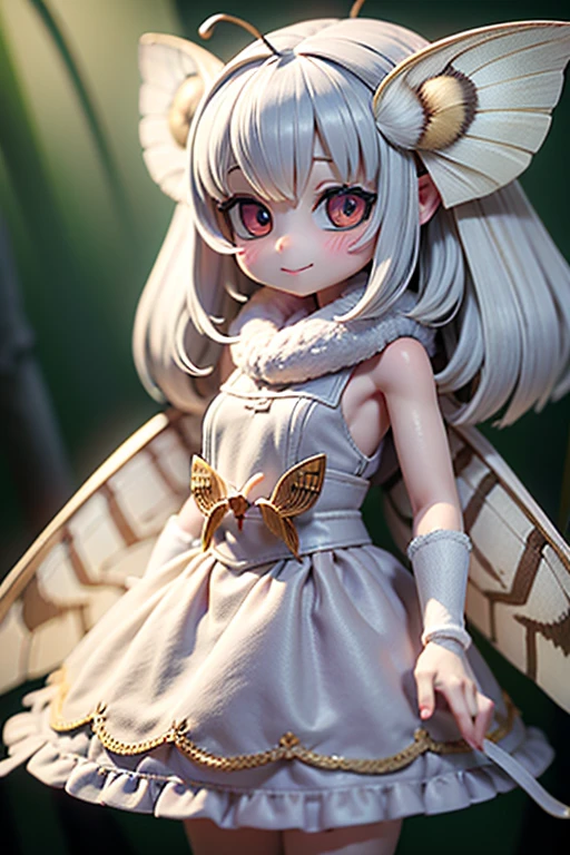 solo,1woman\(cute,kawaii,small kid,skin color white,short white hair,(big moth wing hair:1.7),white dress\(beautiful race\),(2moth antennaes at head),smile,[moth wing on back:2.0],[moth wing on body:2.0],[moth wings:2.0],[extra arm],moth wing is only at hair,breast\),background\(soft dappled sunlight,beautiful forest,dark,\), BREAK ,quality\(8k,wallpaper of extremely detailed CG unit, ​masterpiece,hight resolution,top-quality,top-quality real texture skin,hyper realisitic,increase the resolution,RAW photos,best qualtiy,highly detailed,the wallpaper,cinematic lighting,ray trace,golden ratio,\)