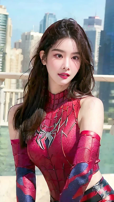 (masterpiece, best quality:1.2), 1girl, solo Beautiful woman,detailed,defined body,spider man cosplay,small breasts,beautiful detailed eyes,beautiful detailed lips,extremely detailed eyes and face,longeyelashes,(best quality,4k,8k,highres,masterpiece:1.2),ultra-detailed,(realistic,photorealistic,photo-realistic:1.37),vivid colors,HDR,studio lighting,physically-based rendering,extreme detail description,professional,portraits,spiderman costume,shiny texture,fitting tightly,subtle muscles,feminine figure,confident expression,sharp focus,luxurious long hair,striking beauty,attention-grabbing appearance,perfect makeup,tiny waist,stylish pose,playful attitude,breathtaking background,lively atmosphere,cityscape view,web-like patterns,superhero-inspired composition,bold contrast,emphasis on curves,expressive eyes,subtle smile,luminous glow,graceful movements,artistic interpretation,colorful palette,exquisite persona,impressive realism,aesthetic excellence,artistic flair.