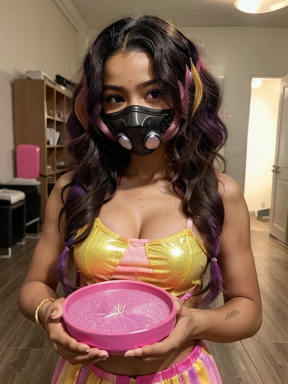 Black manga girl with half body curly hair, com cores claras e coloridas, with a pink gas mask on her face holding a round tray with resin glitter,olhando pra frente com um olhar brilhante, com o cabelo cacheado bem longo, com os cachos bem fechados e brilhante, in the background with a very cheerful decoration colored in pink and purple tones, o cabelo com ondas bem fechadas,