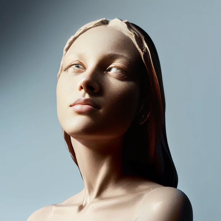 American woman with eyes wide open, Holly Herndon statue in porcelain, statue of a perfect woman, Female sculpture, Realistic 8k Bernini sculpture, Digital Sculpture, statue of a perfect woman, Bust with a long, beautiful neck, Digital Sculpture, Face looking up at the sky, Hipper Realistic 3D Sculpture