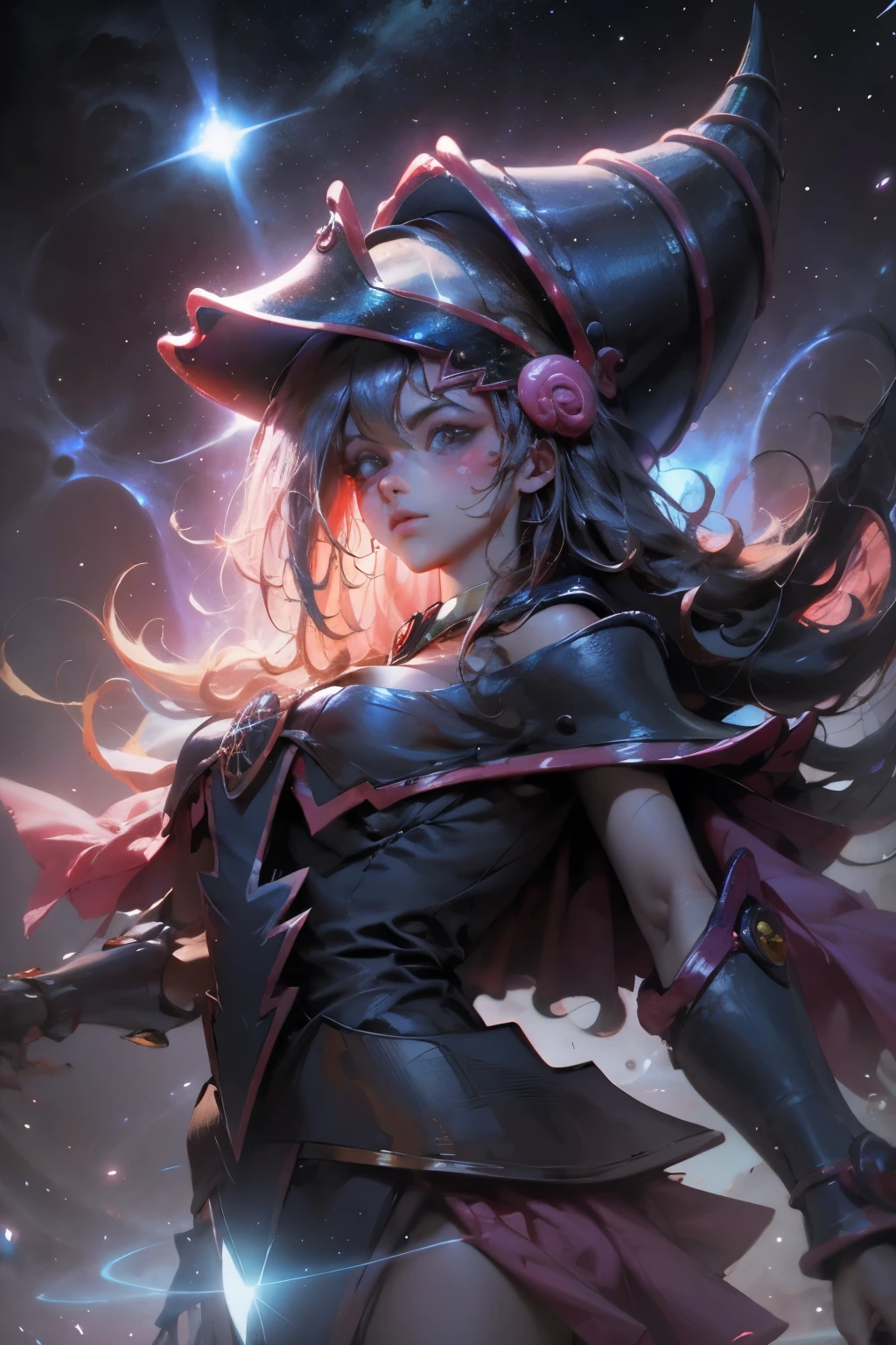 Giles magos oscuros. magos oscuros. ojos azules. cabello rubio. labios rojos. Detailed Features.., cosmic colors, ethereal lighting, Pintura surrealista, high resolution, otherworldly atmosphere, Seres celestiales. Hermosa diosa