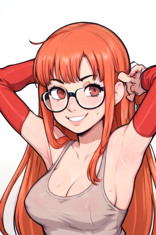 masterpiece, best quality, sakura futaba, looking at viewer, very , upper body, portrait, looking at viewer,  smile,put your hands behind your head, armpits, armpits visible, sweaty armpits, wearing glasses, orange long hair